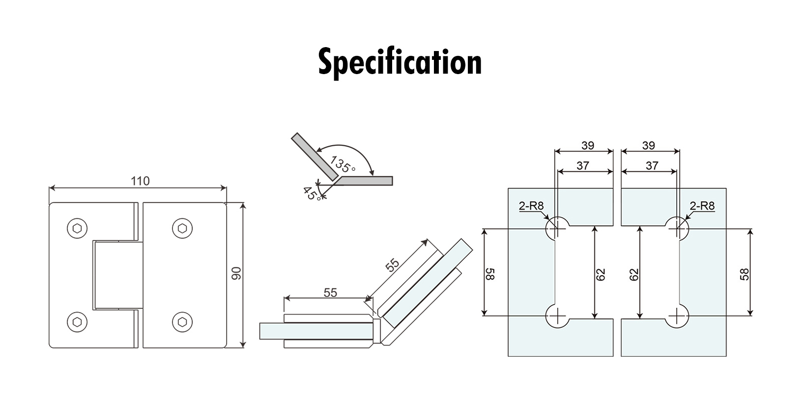Glass to Glass 135° Shower Hinge (SH135-A-ST)