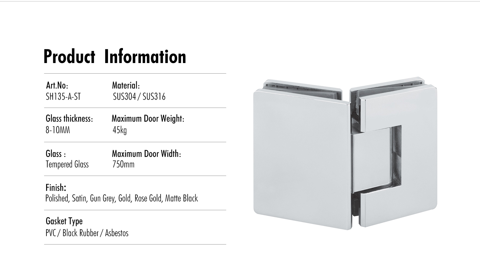 Glass to Glass 135° Shower Hinge (SH135-A-ST)