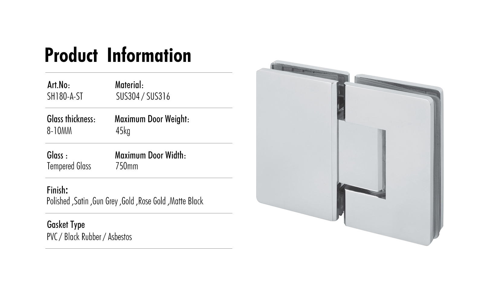 Glass to Glass 180° Shower Hinge (SH180-A-ST)