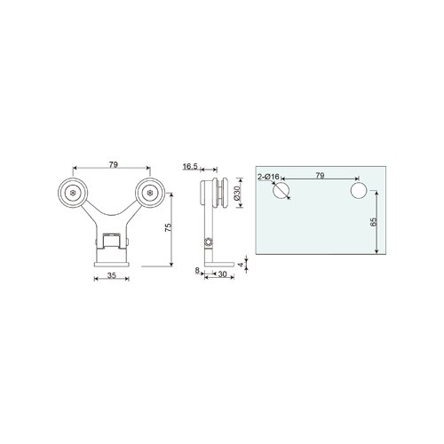 Wall to glass hinge (With spring and stop at 90°)
