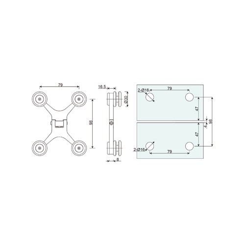 Glass to glass hinge (With spring and stop at 90°)